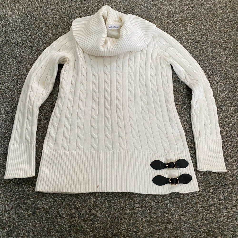 Calvin Klein Cable Knit Turtleneck Sweater with Bow Detail in Cream